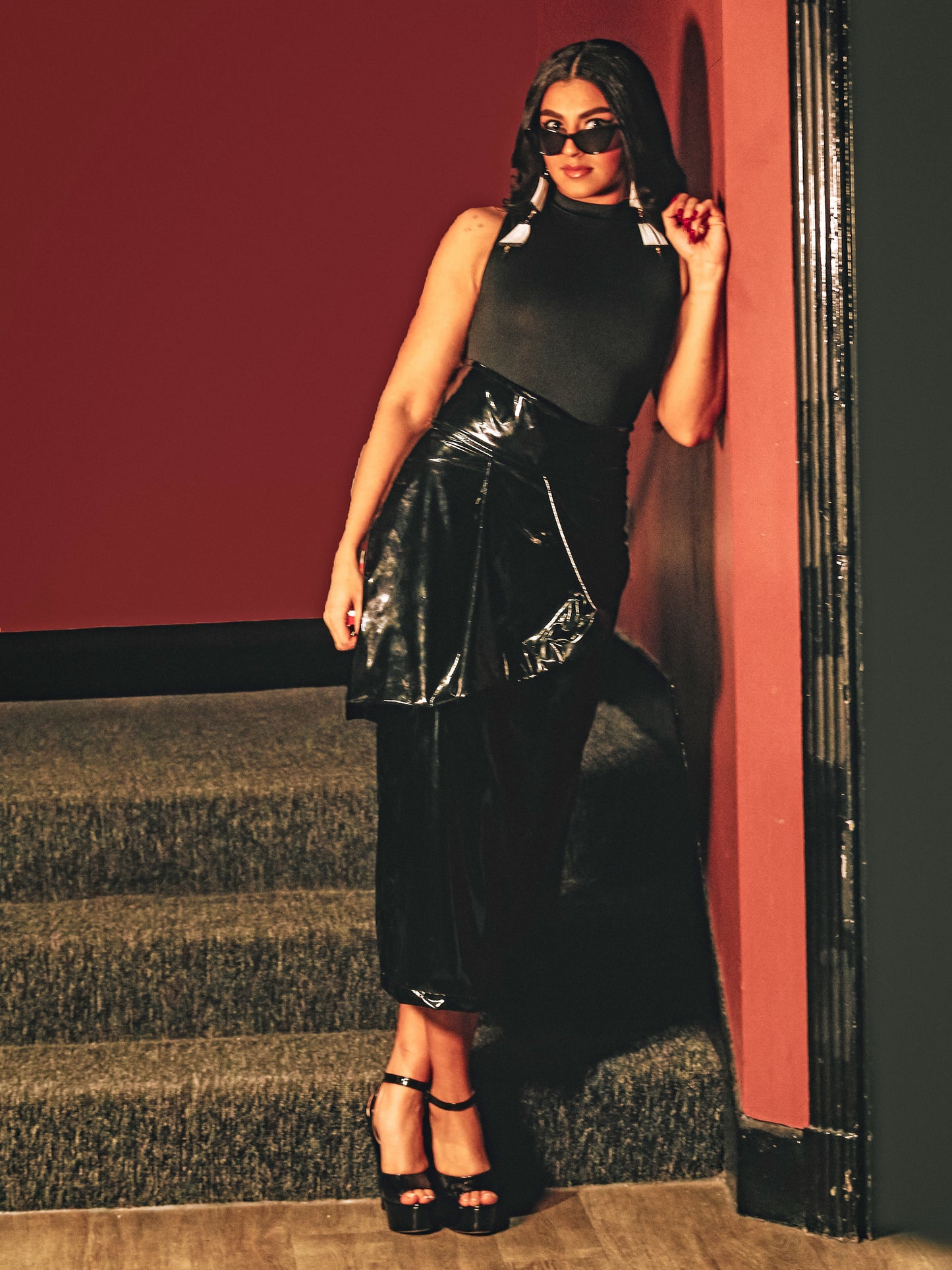 Black Leatherette Below Knee Skirt